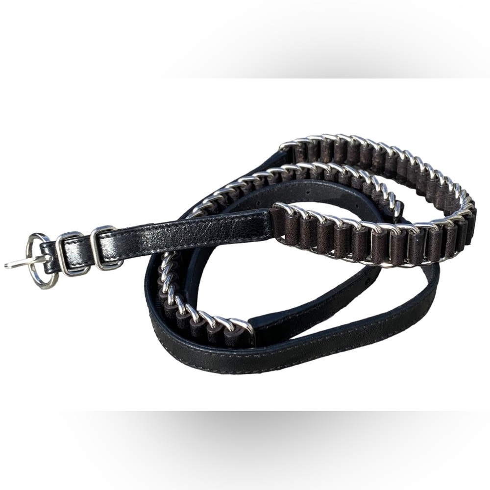 Vtg THE LIMITED Black Skinny Belt Leather Silvertone Sz Medium